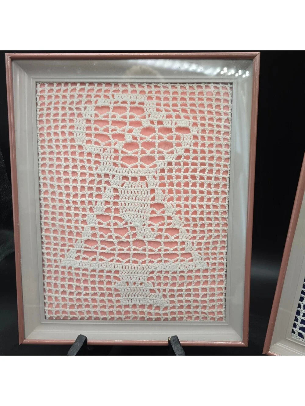 Vintage Framed Filet Crochet Wall Art Pair Boy & Girl Lace Silhouette 11.5x8.5
